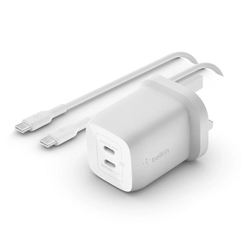 Belkin BoostCharge Pro Dual USB-C Wall Charger with PPS 65W w/ USB-C to USB-C Cable - White - شاحن